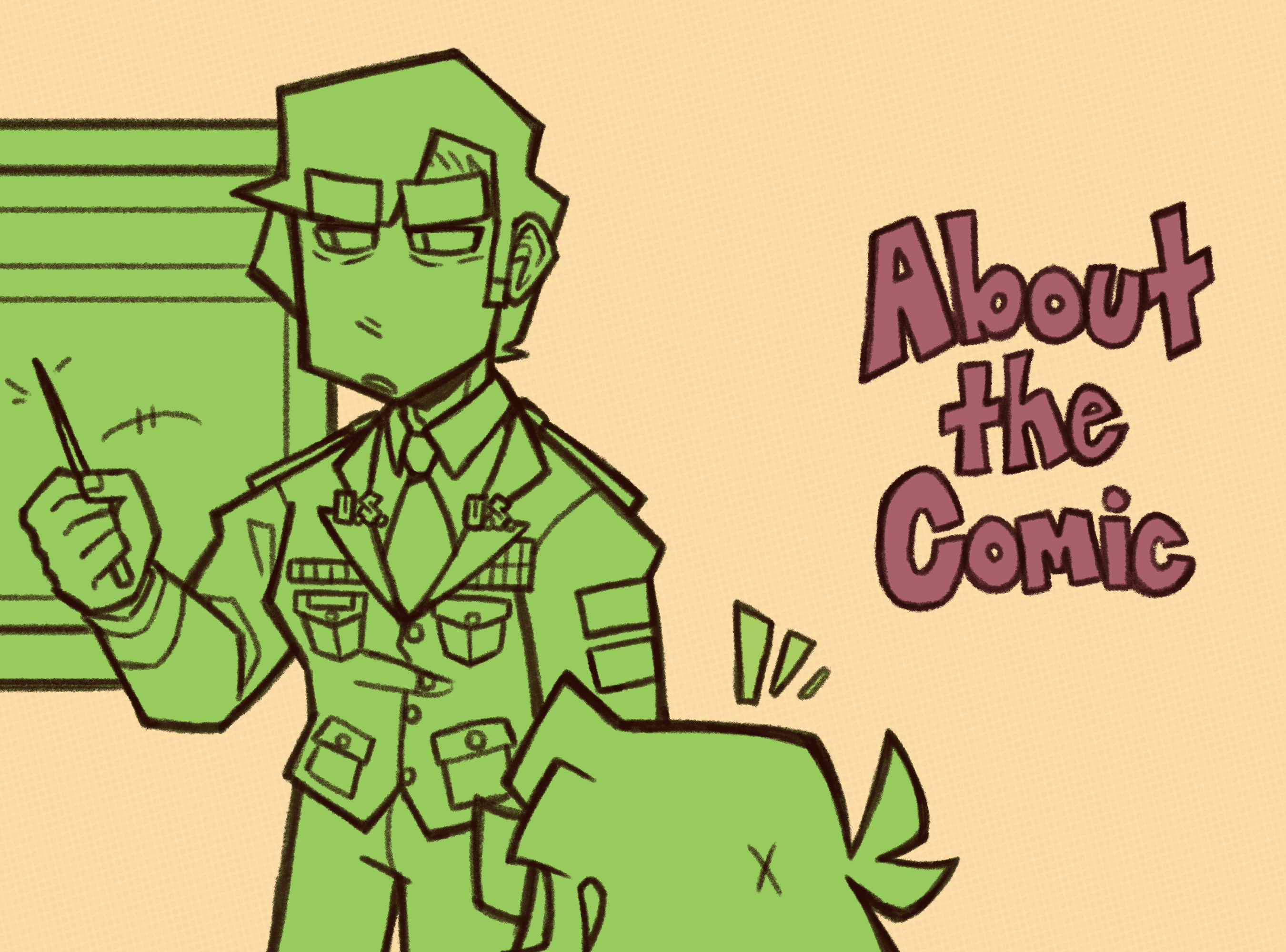 The words 'About the Comic' handwritten next to an image of McCoy pointing to a slide presentation while Martin watches. This image is a link to the About page!