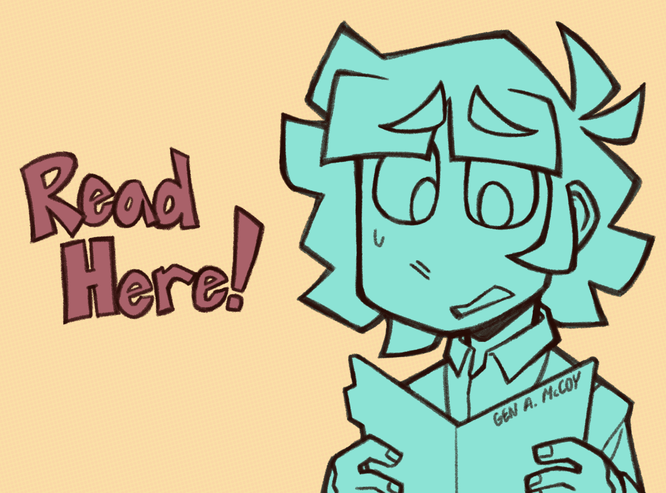 The words 'Read Here!' handwritten next to an image of Martin reading from a manila folder with the words 'GEN A. McCOY' written on it. This image is a link to the Read page!